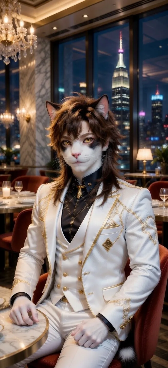 3D Pixar style brown cat in gold suit at luxury restaurant AI generated art