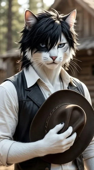 3D Pixar style cat cowboy with black hat AI character design prompt