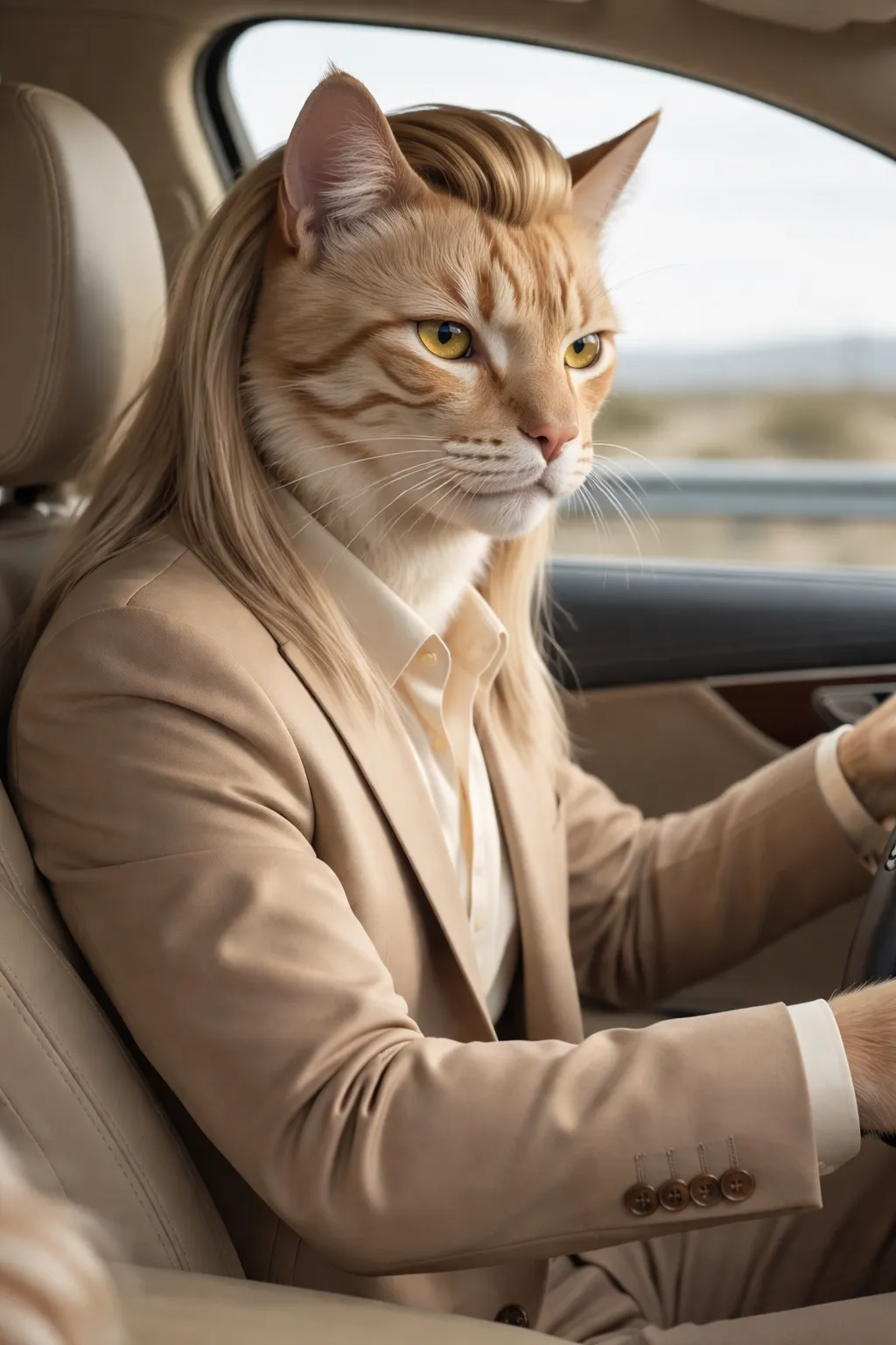 3D Pixar style ginger cat driving luxury car in suit AI art