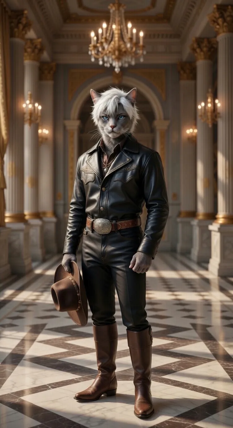 3D Pixar style grey cat in leather jacket at baroque palace AI render