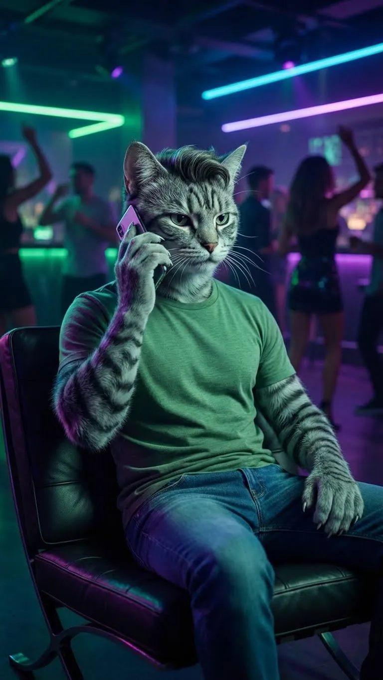 3D Pixar style grey cat on phone at neon nightclub AI generated image