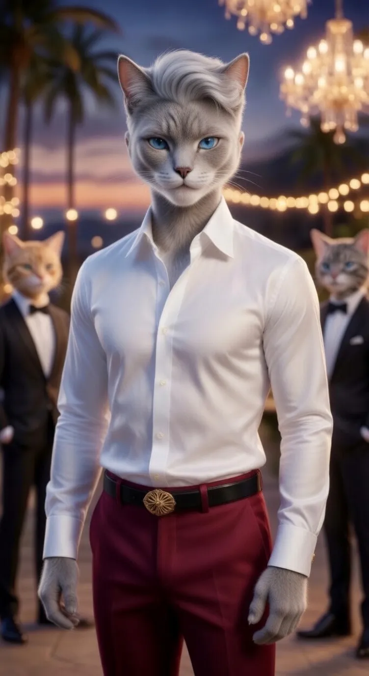 3D Pixar style grey cat in red pants dancing at party AI art prompt