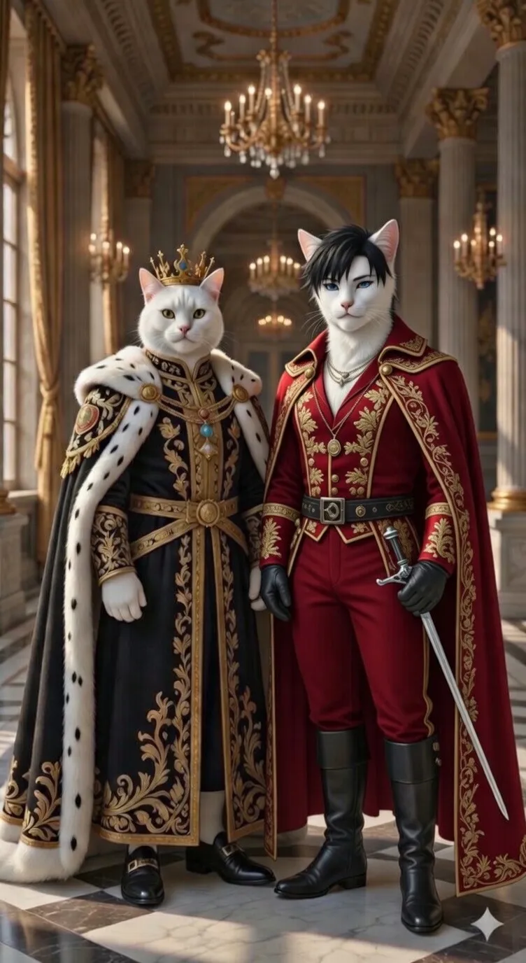 3D Pixar style cat king and prince in royal palace AI art