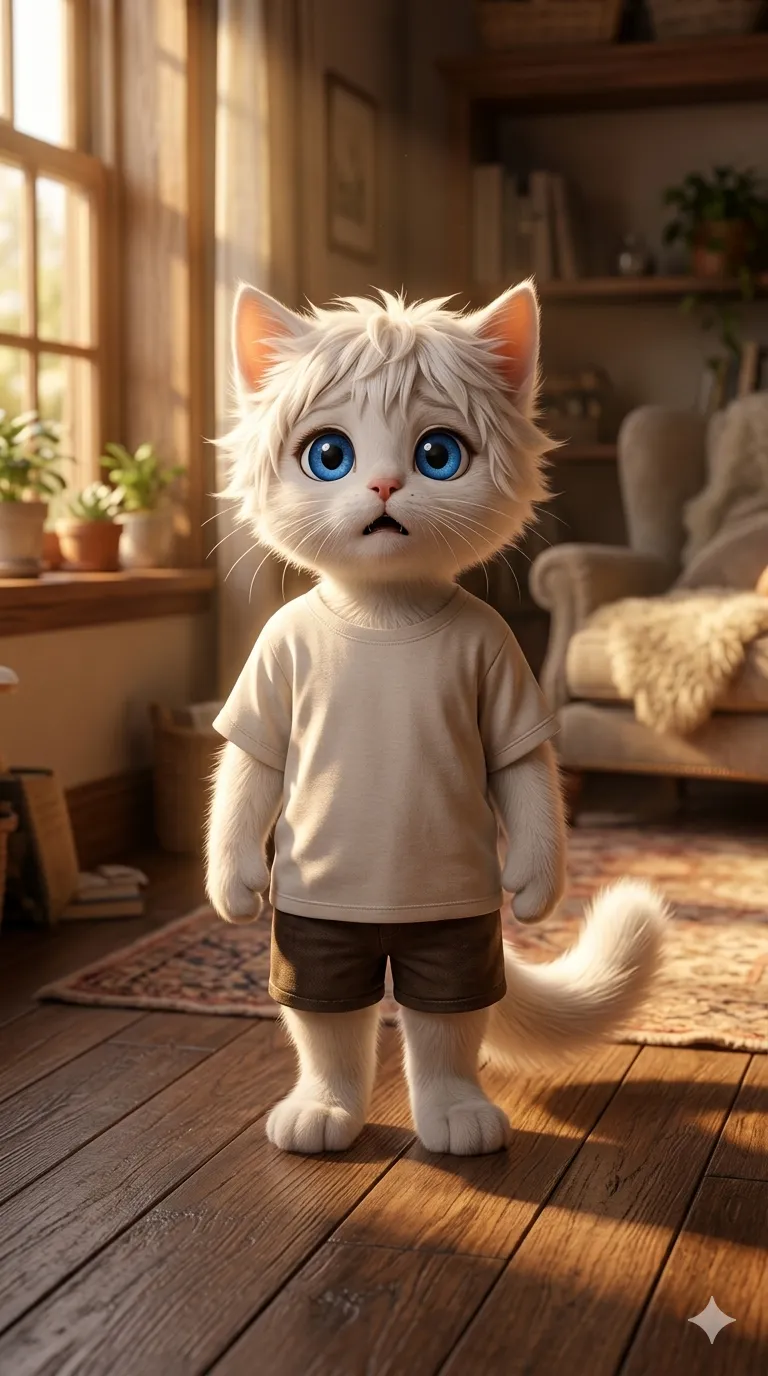 3D Pixar style adorable white kitten in blue sweater on sofa AI art