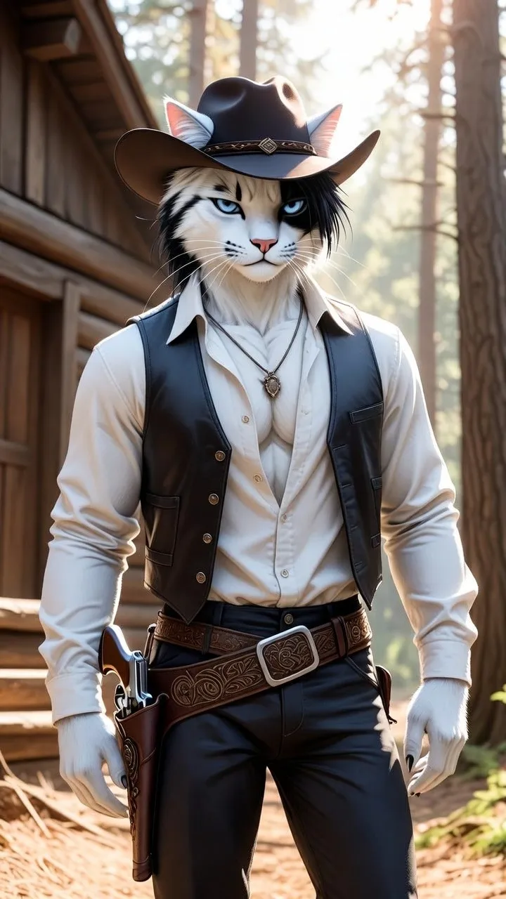 3D Pixar style rugged cowboy cat with revolvers at frontier cabin AI render
