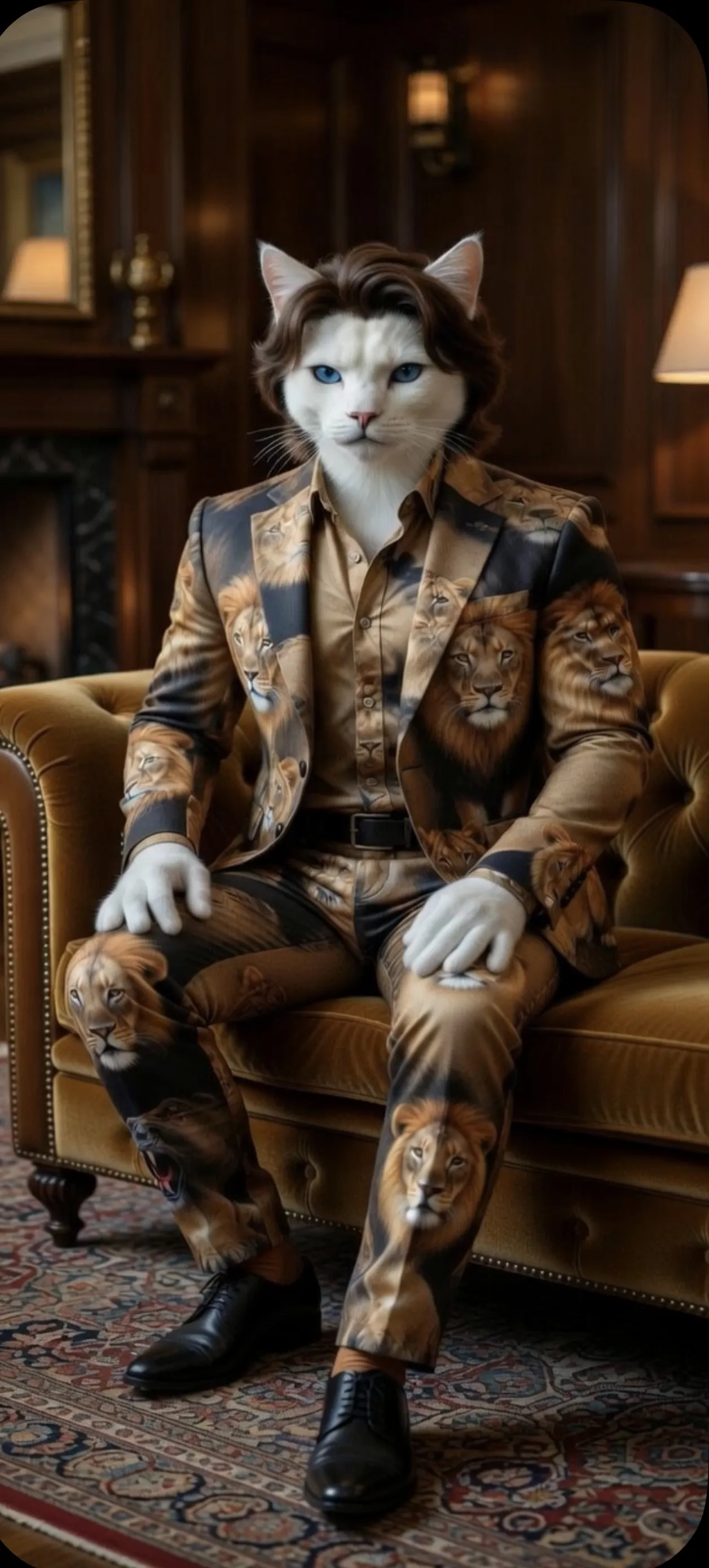 3D Pixar style lion cat in navy suit at Victorian library AI art prompt