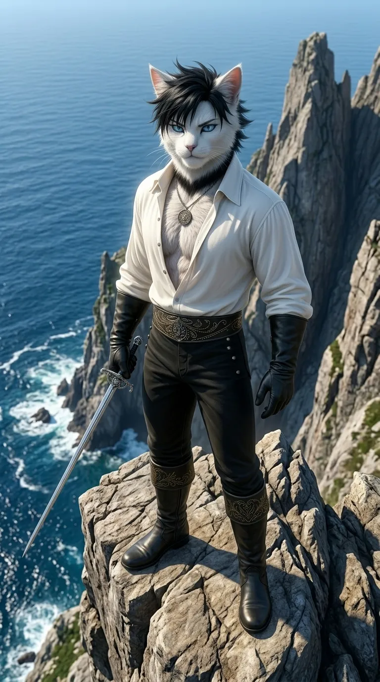 3D Pixar style black cat pirate with sword on cliff AI character design
