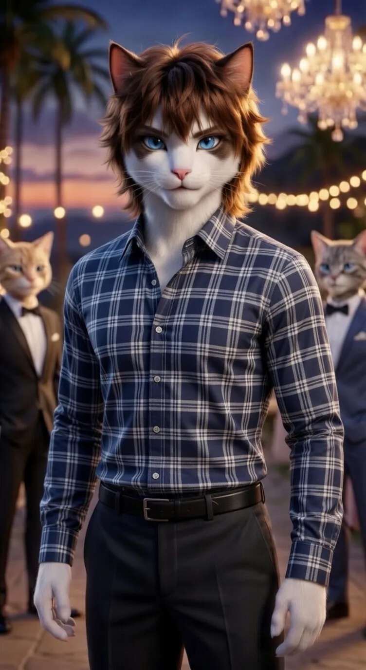 3D Pixar style cat in plaid shirt at house party AI generated art