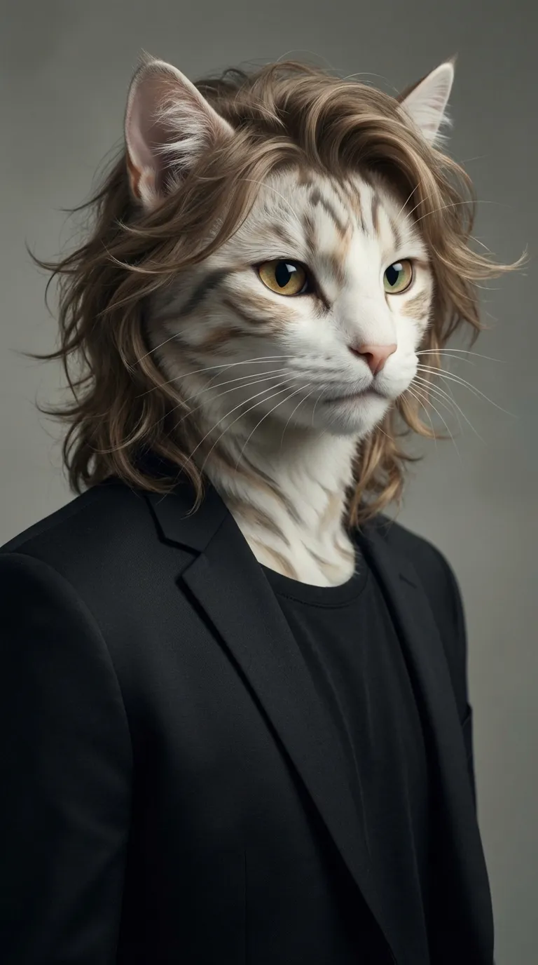 3D photorealistic cat portrait in black blazer AI art prompt