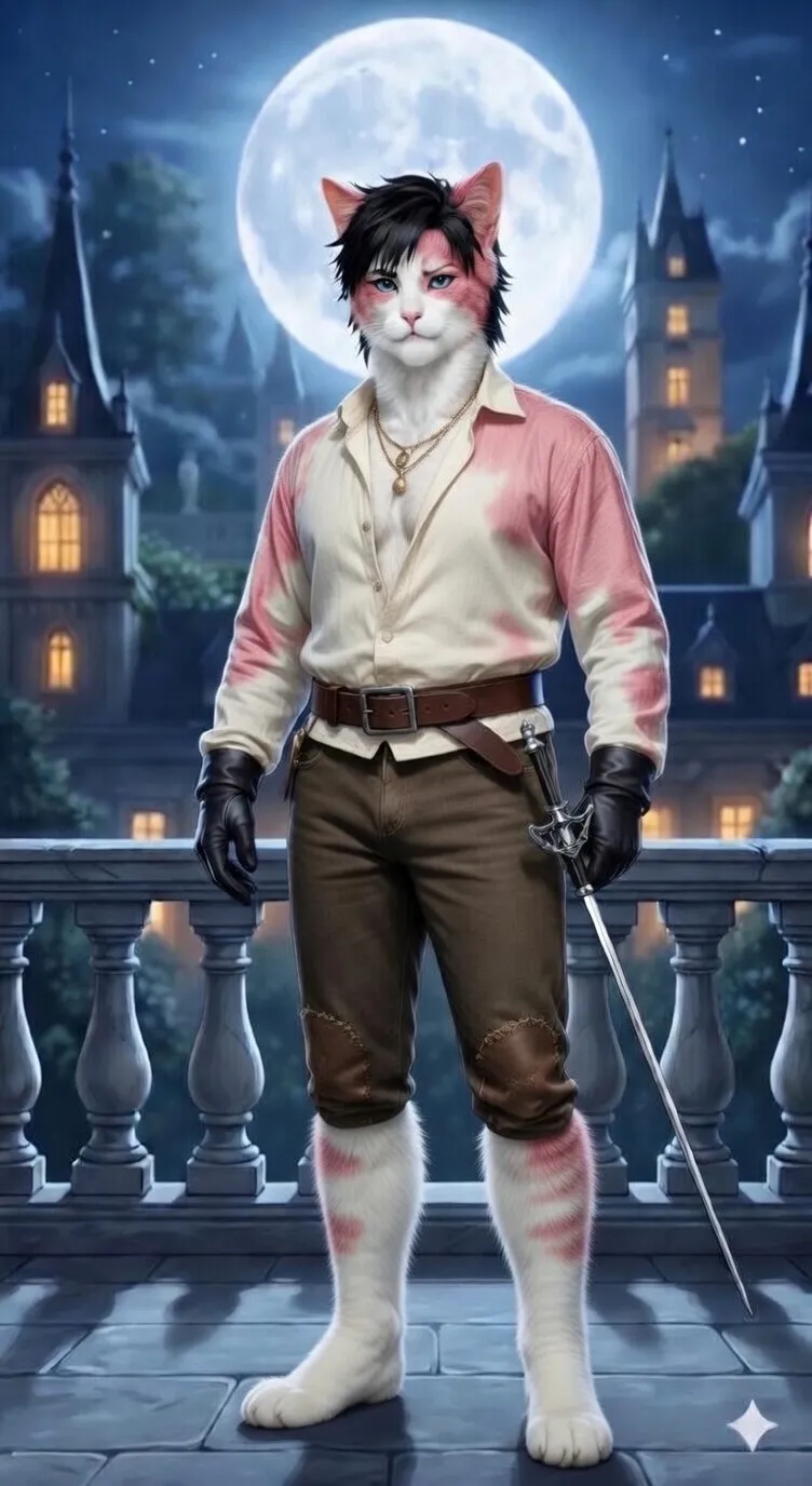 3D Pixar style white cat swordsman on moonlit cliff AI fantasy art