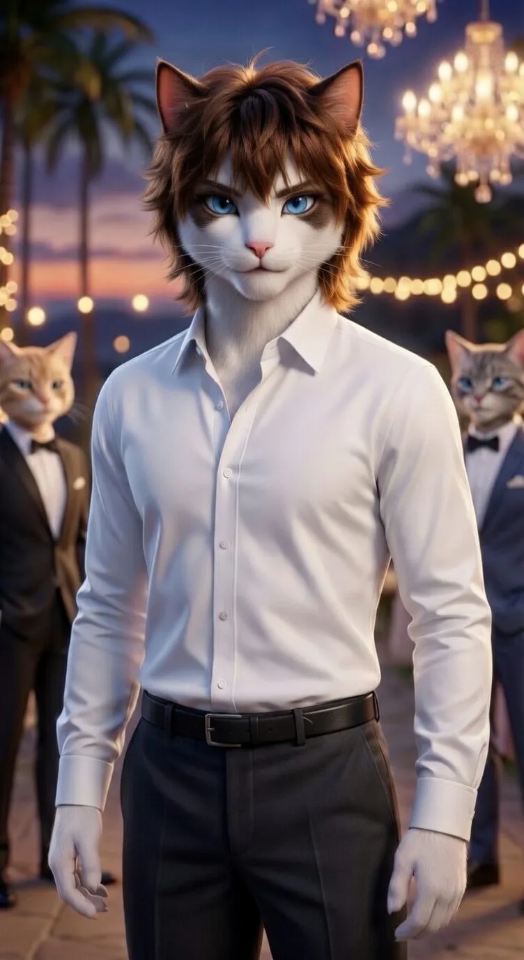 3D Pixar style cat in white shirt at party AI generated image