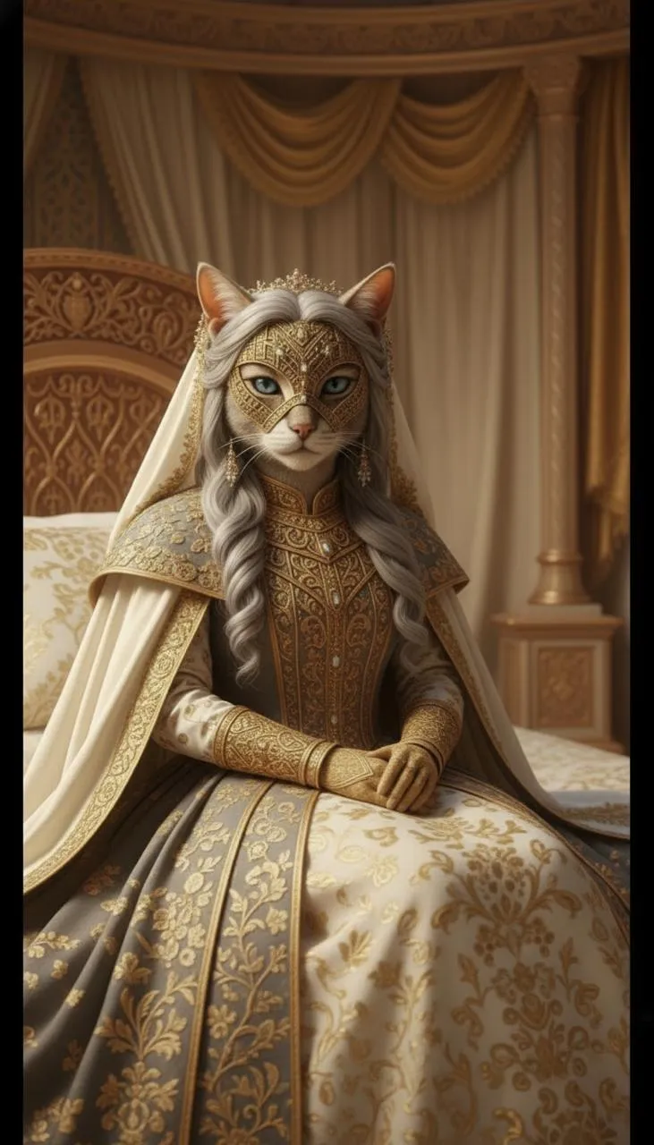 3D Pixar style silver cat queen in gold gown AI generated art