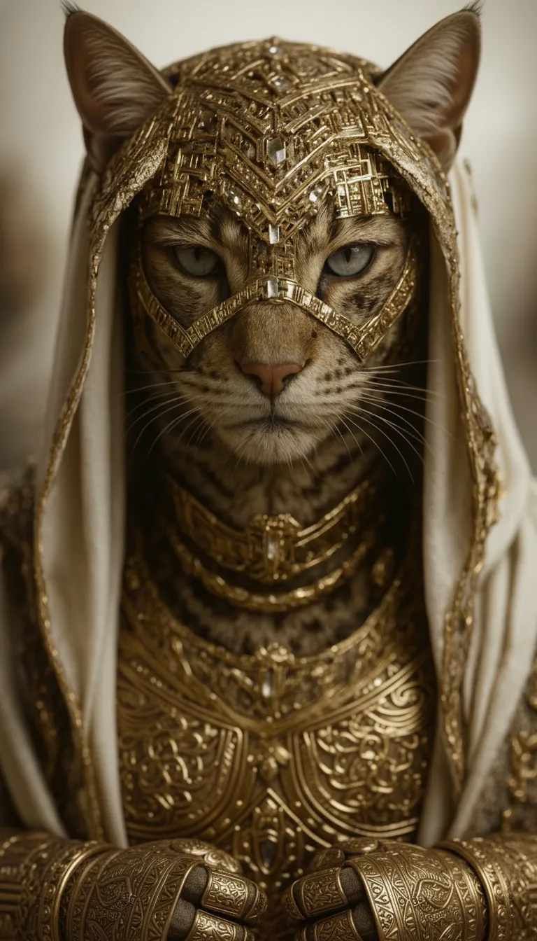 3D photorealistic Egyptian cat warrior in gold armor AI art prompt