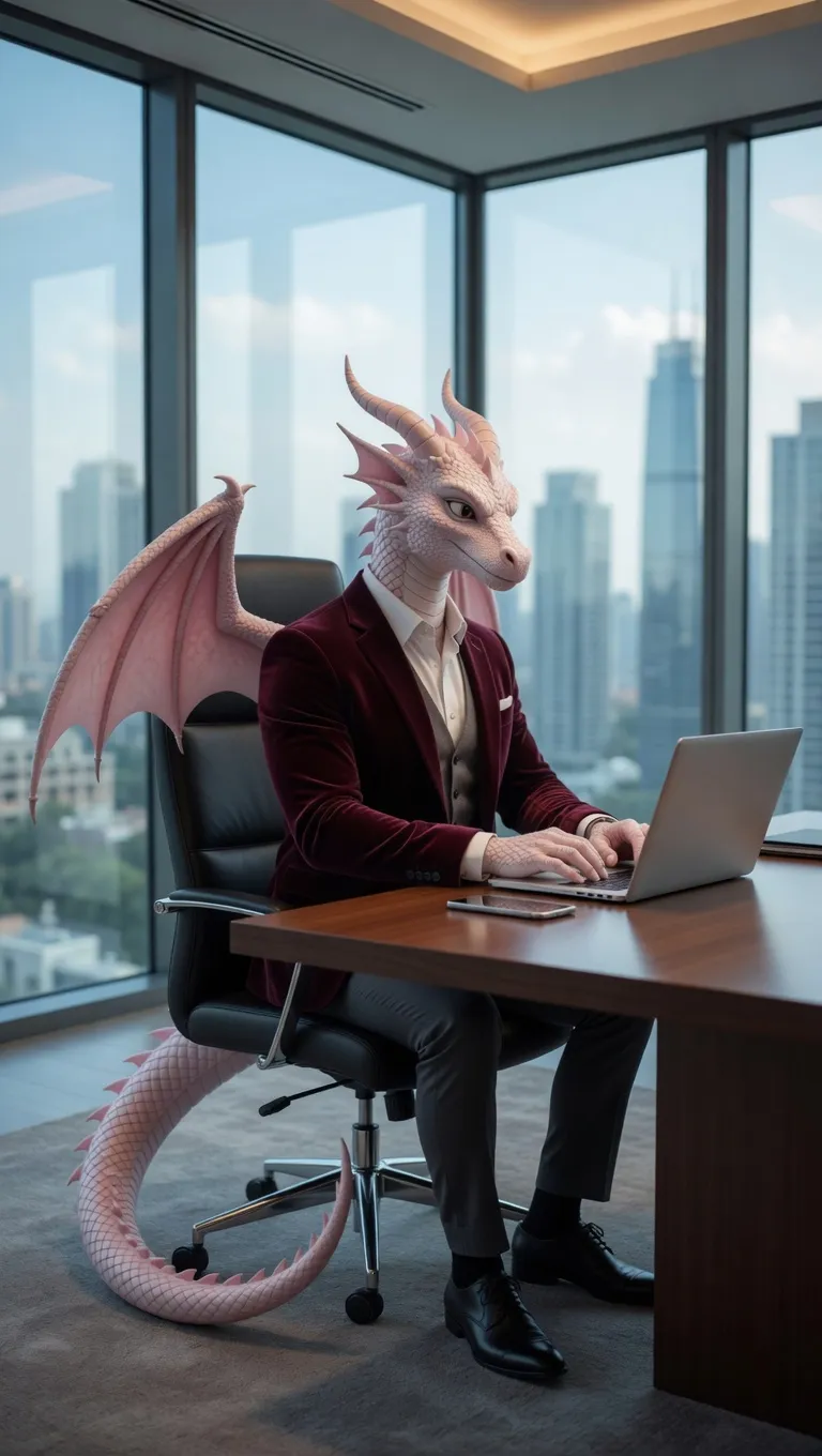 3D Pixar style pink dragon working at office desk AI character art