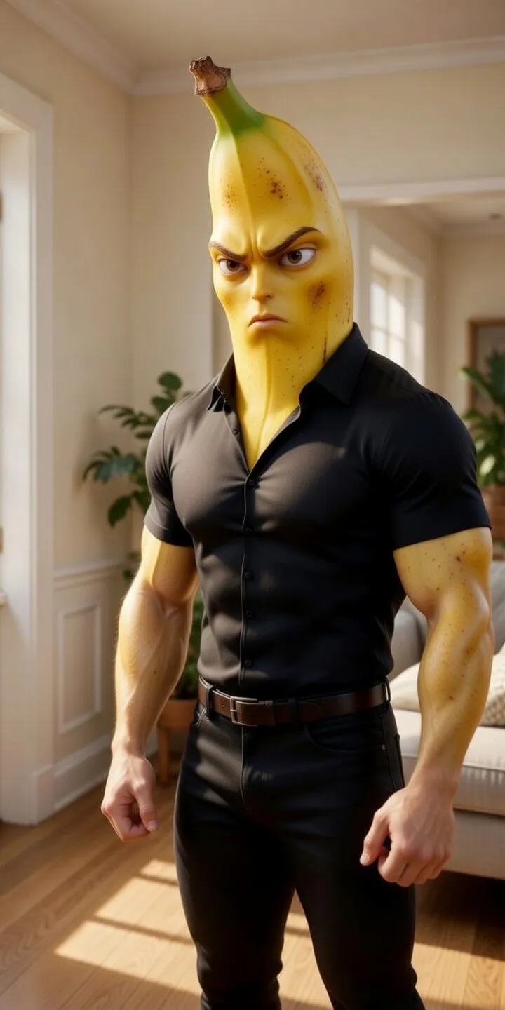 3D Pixar style angry banana character in black shirt AI art