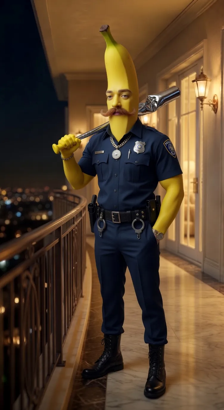 3D Pixar style banana police officer with baton AI character design