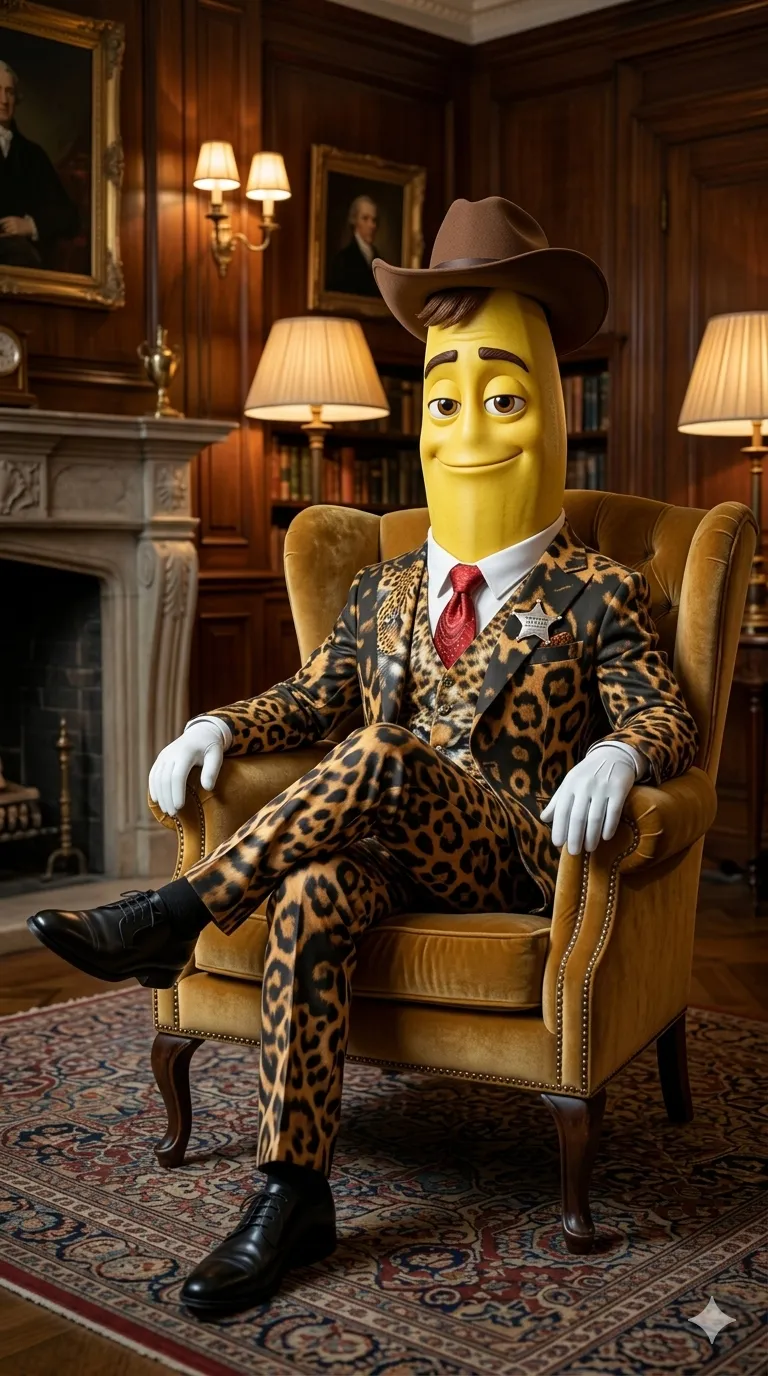 3D Pixar style banana cowboy in leopard print suit AI art prompt