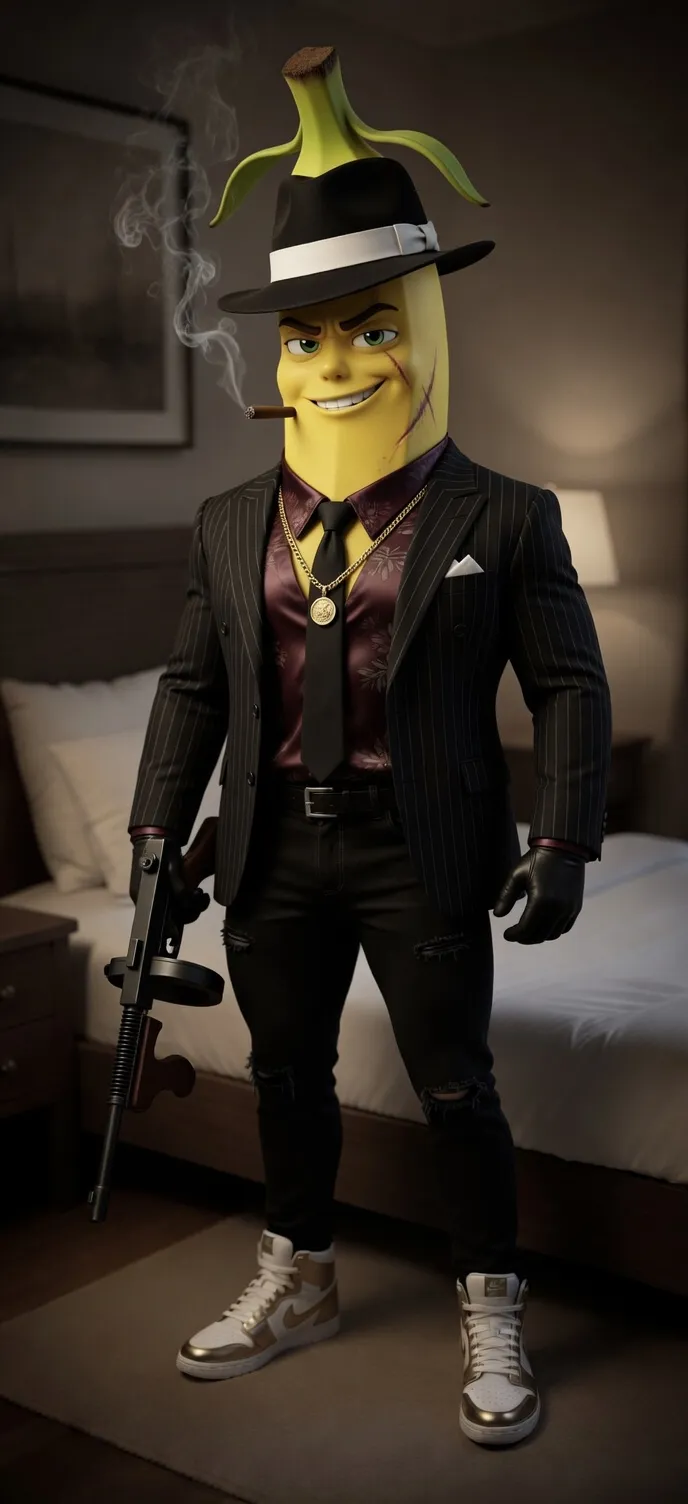 3D Pixar style banana gangster in pinstripe suit AI character design