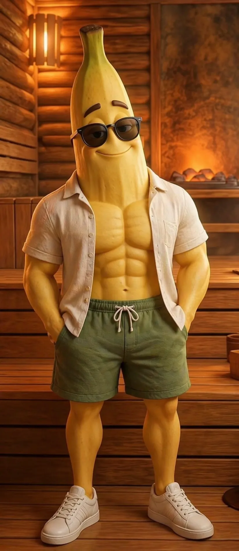 3D Pixar style banana character with sunglasses in sauna AI render