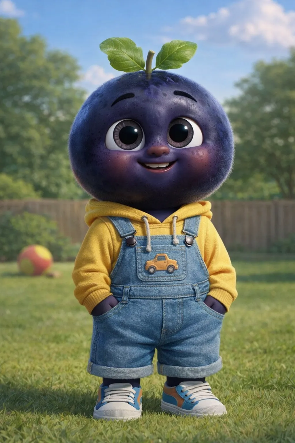 3D Pixar style blueberry child in overalls at backyard AI character art