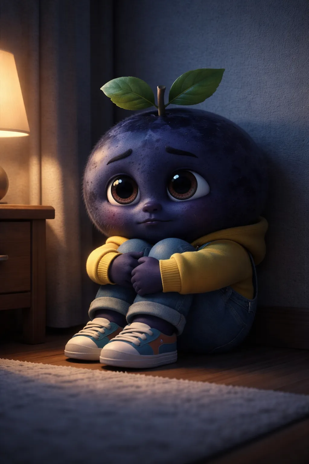 3D Pixar style sad blueberry child in dark room AI emotional art