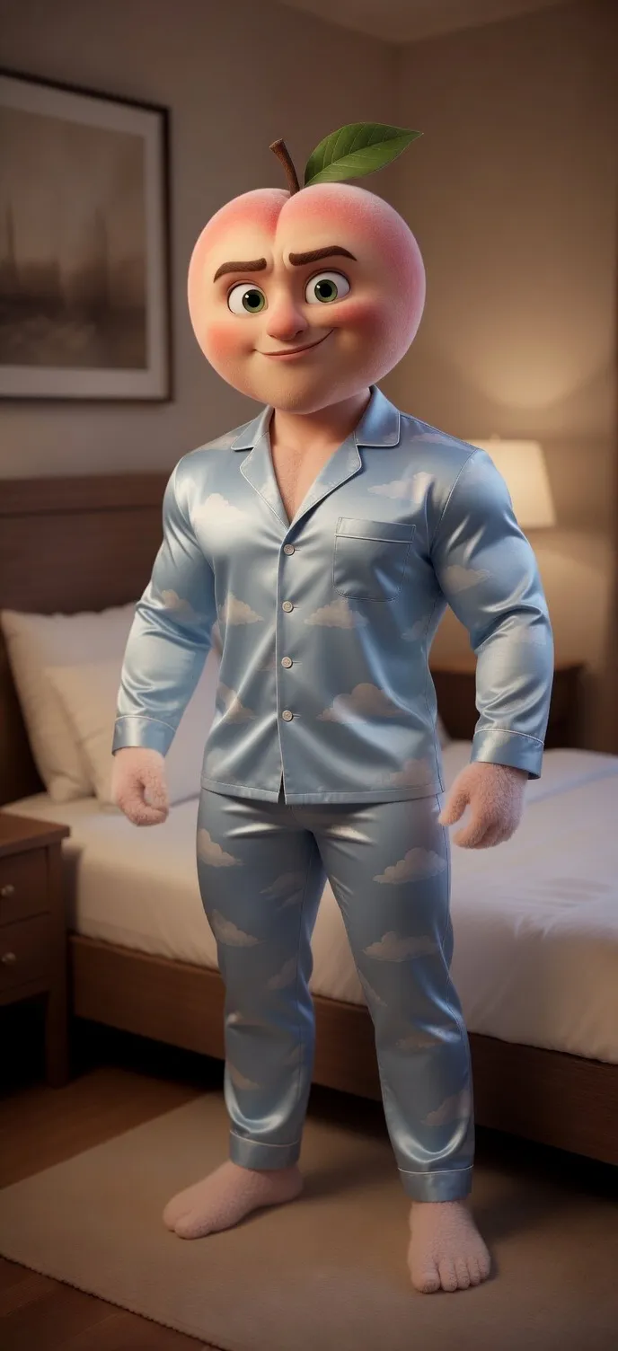 3D Pixar style peach character in blue pajamas AI generated art