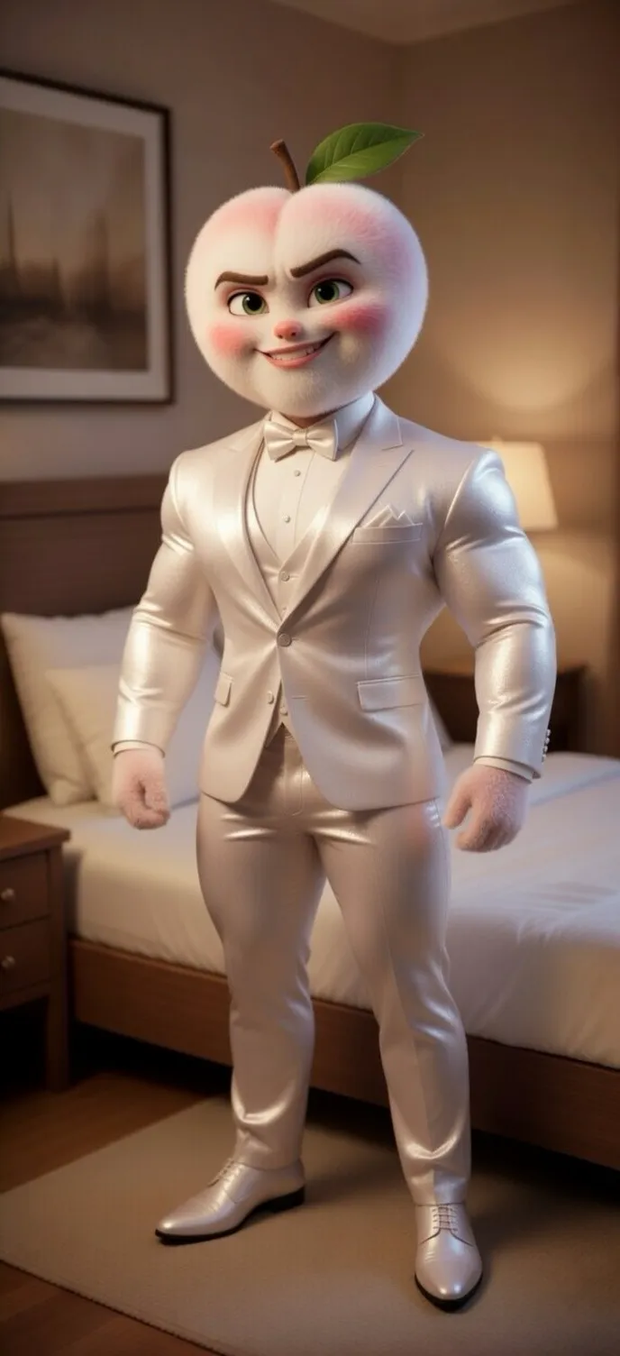 3D Pixar style peach man in white tuxedo AI generated character art