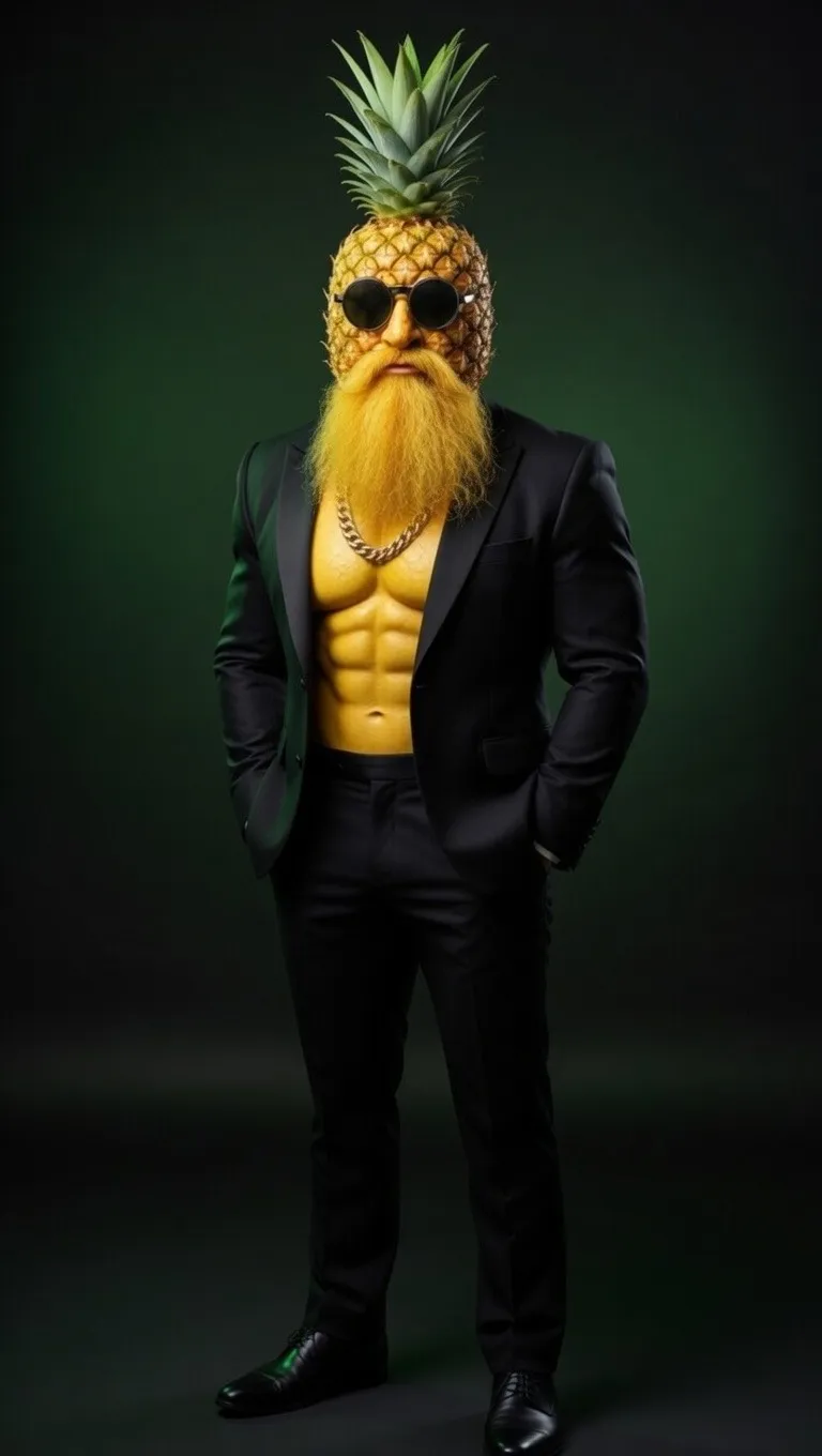 3D Pixar style pineapple character with beard in black suit AI art