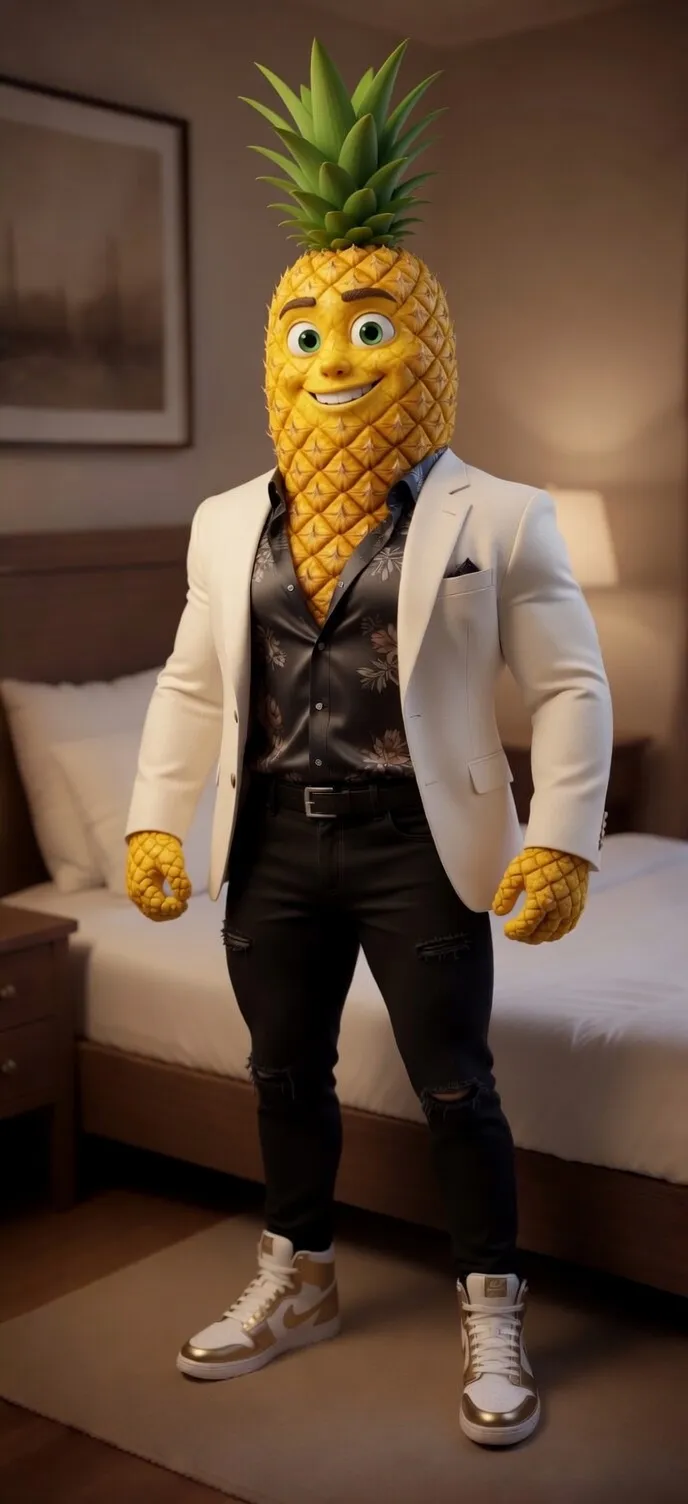 3D Pixar style pineapple man in white blazer AI art prompt
