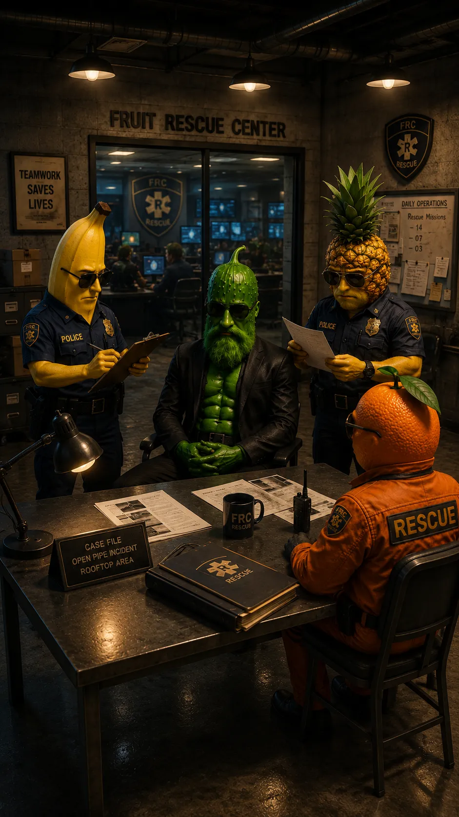 3D Pixar style fruit characters at police station AI group render