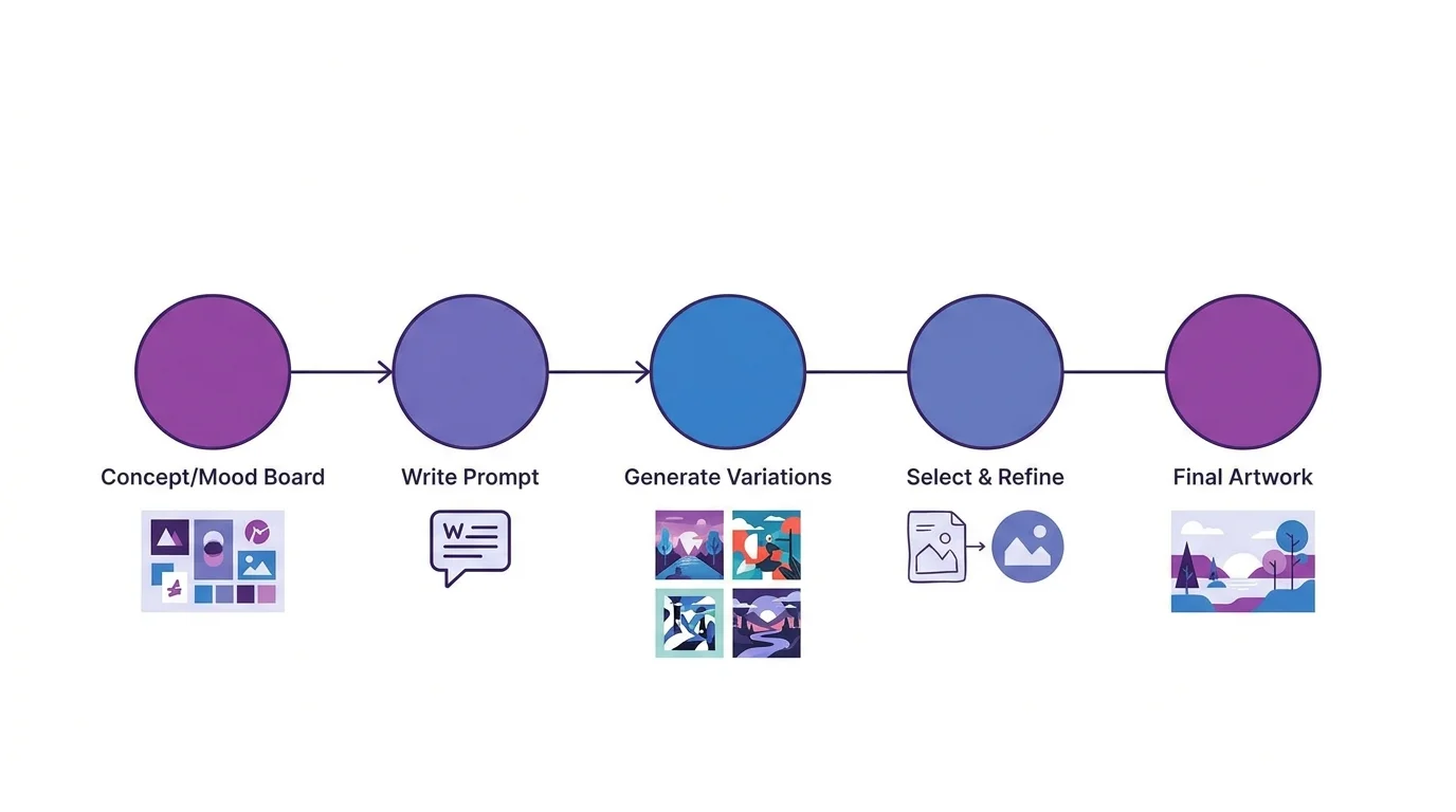 AI art process presentation showing prompt evolution timeline