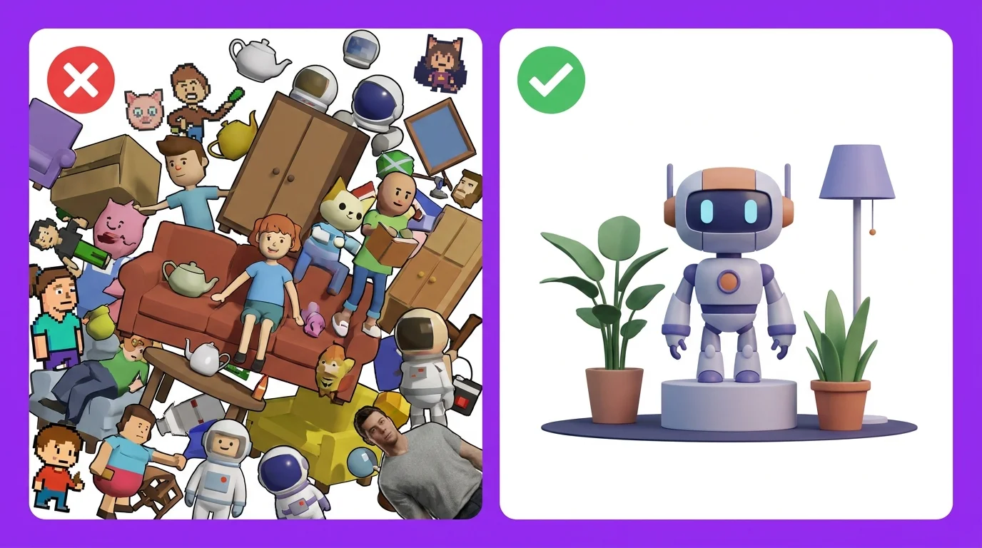 Overloaded prompt with too many subjects versus clean focused prompt result
