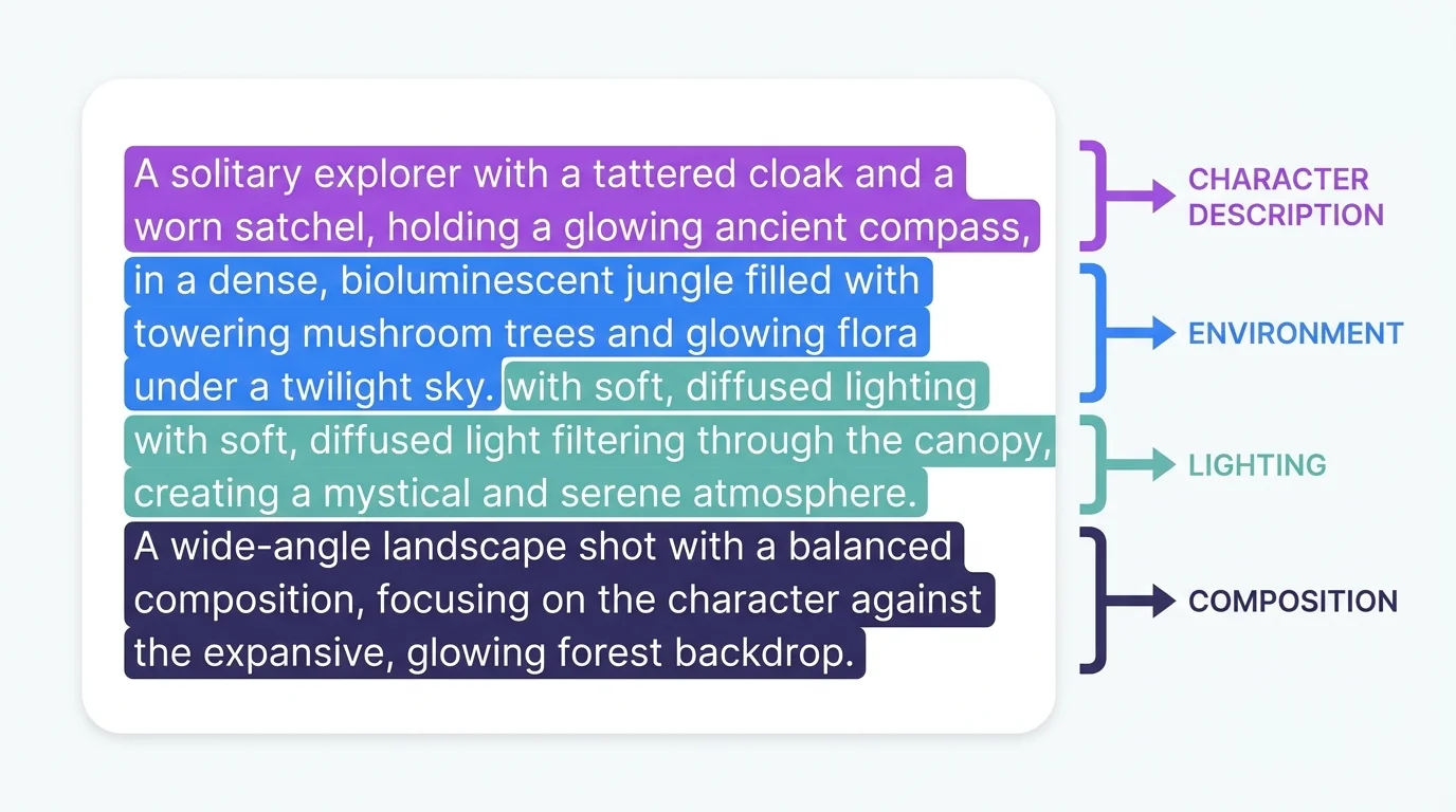 Scene prompt breakdown showing how to write connected sequential AI prompts