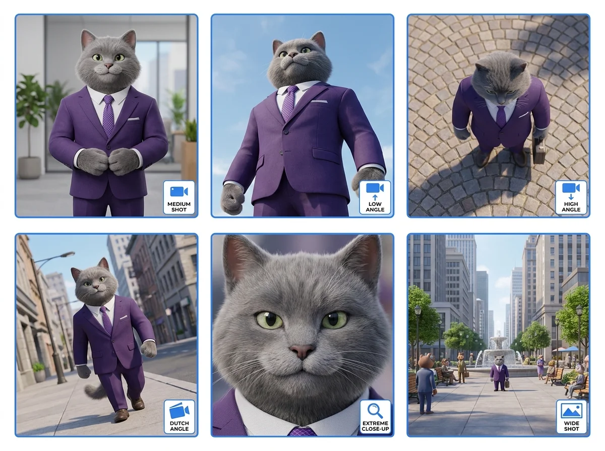 Camera angle grid showing six different angles applied to AI art  - Smart AI Edits