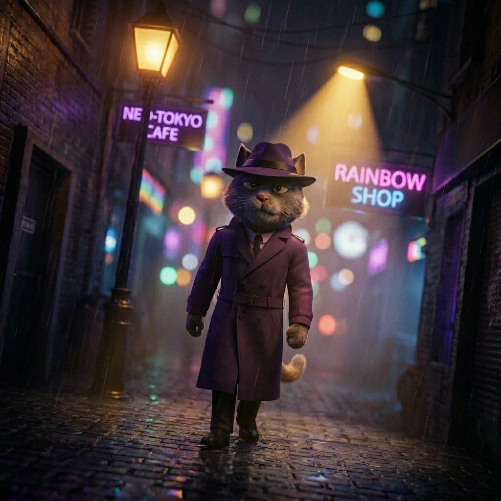 Combined camera angle, lighting and composition techniques in one AI image