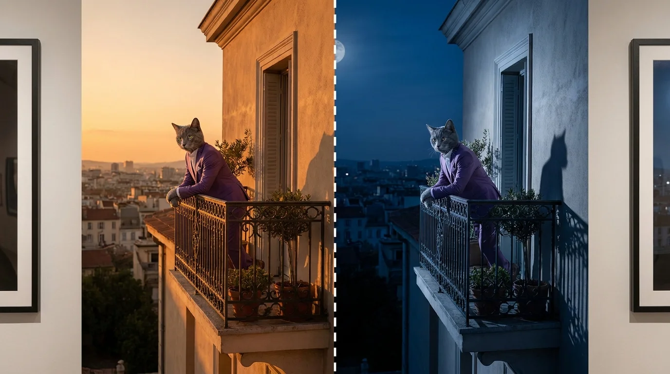 Golden hour versus moonlight comparison in AI-generated scenes