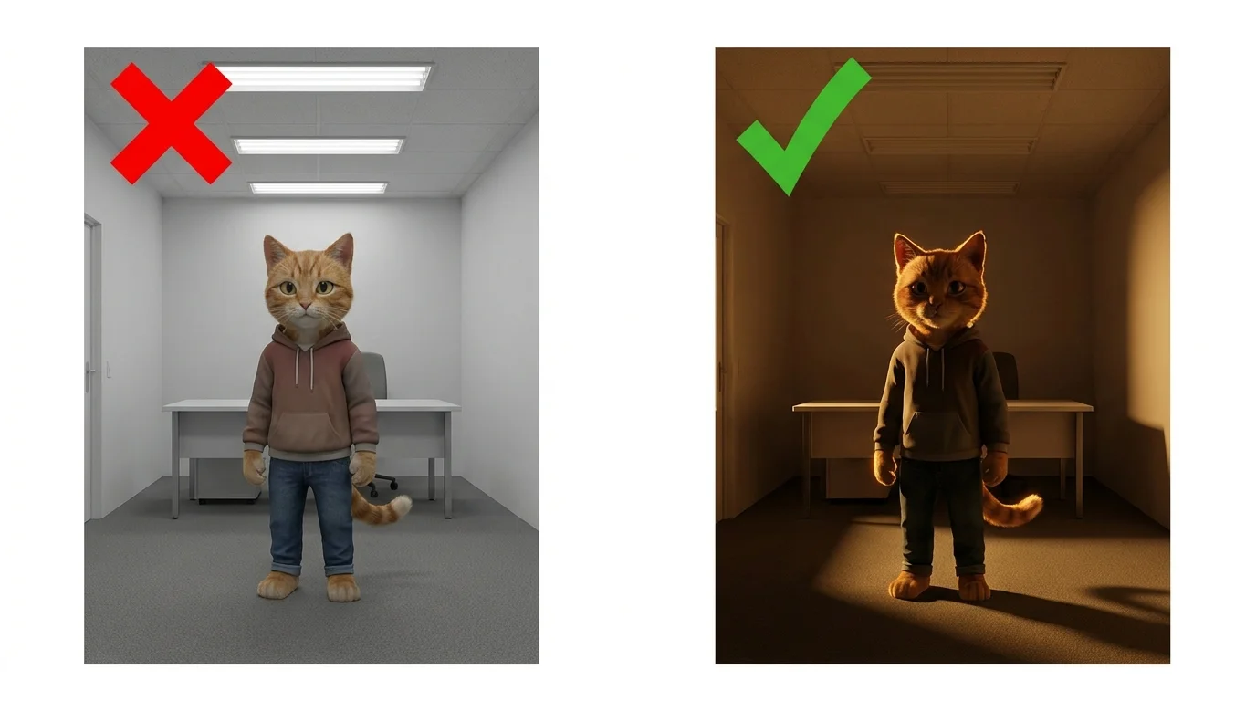 Lighting setup grid showing six different lighting techniques in AI art