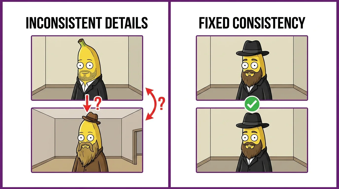 Before and after fixing character consistency in AI art