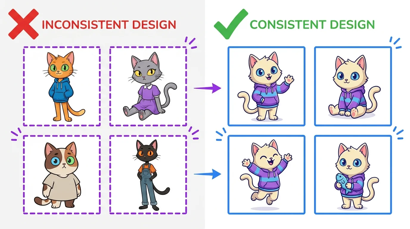 Inconsistent versus consistent character comparison in AI generated images