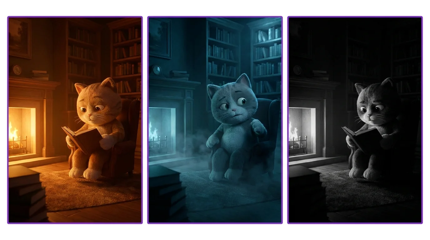 Three different color grading styles applied to the same AI scene