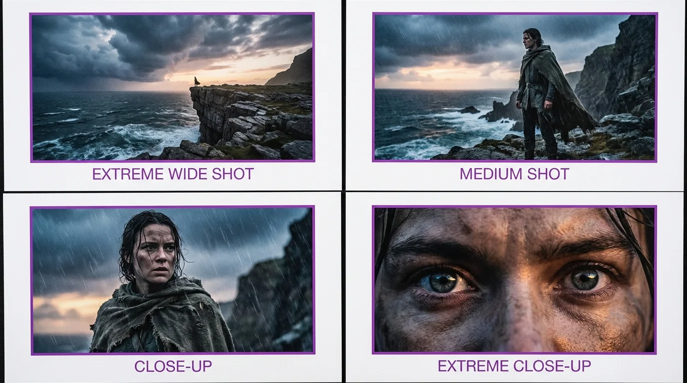 Grid showing six cinematic shot types in AI generated images