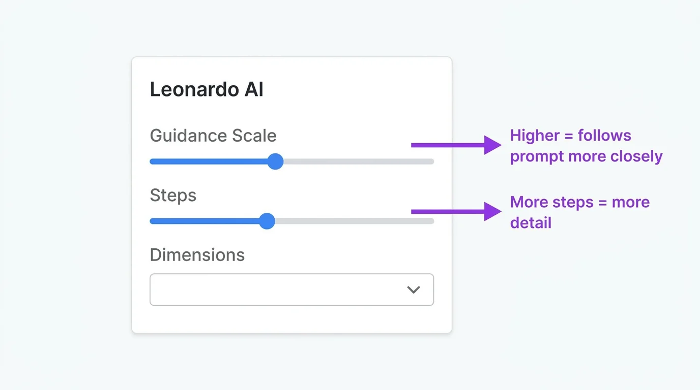 Leonardo AI settings panel with annotations explaining each control