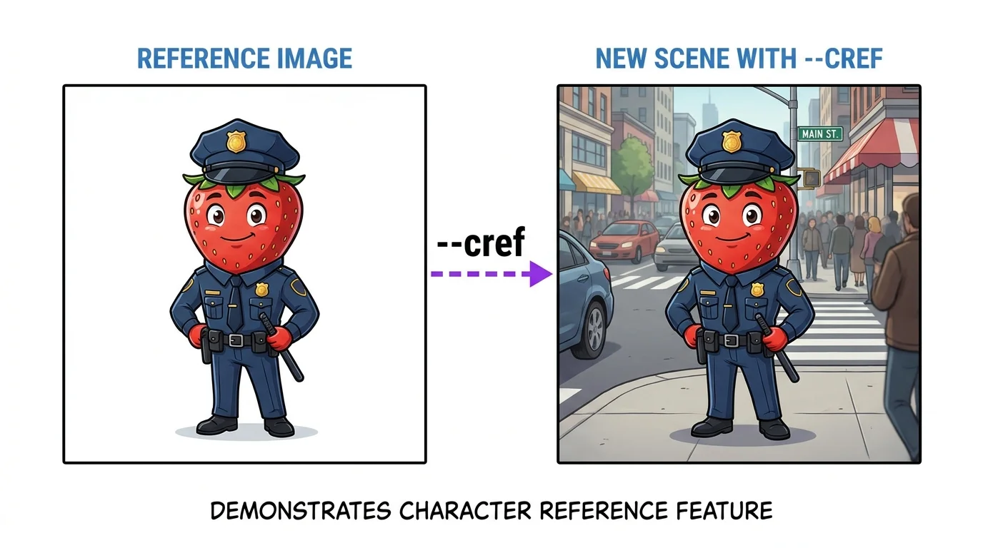 Midjourney character reference --cref result showing consistent character