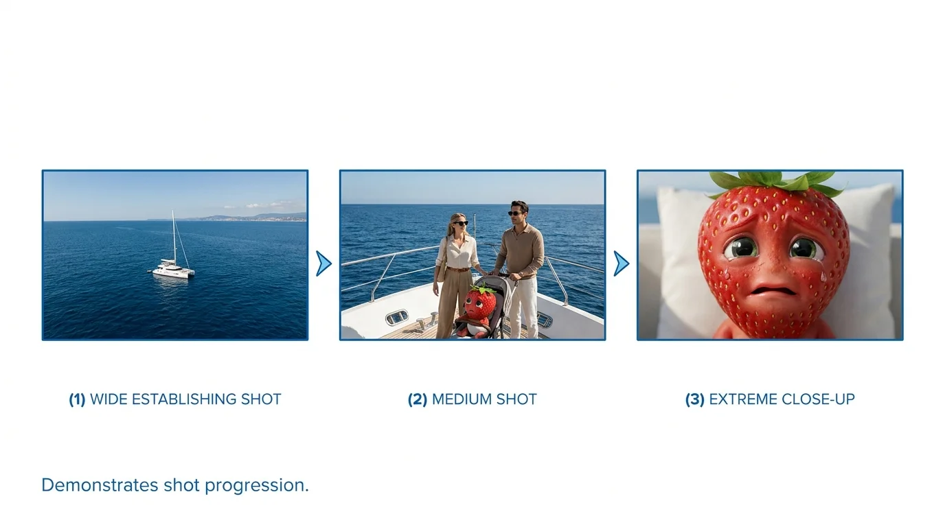 Establishing shot to close-up sequence showing progressive camera work