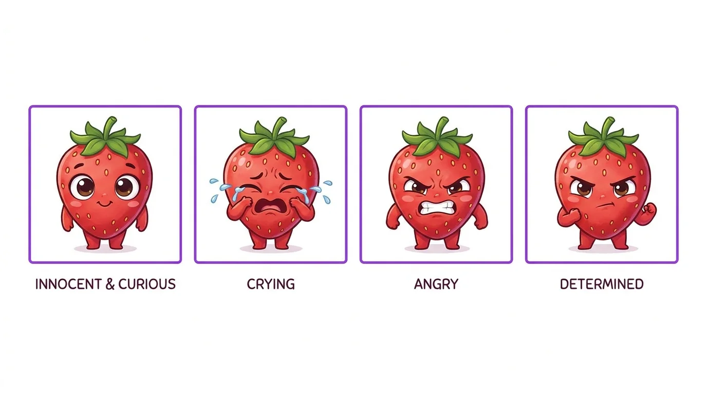 Expression progression showing four different emotions on the same character