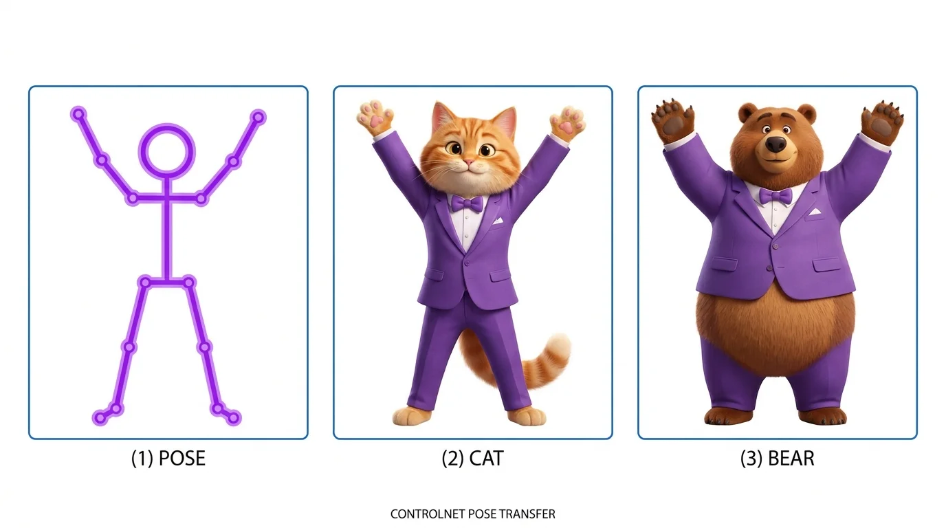 ControlNet pose example showing skeleton input and AI generated output