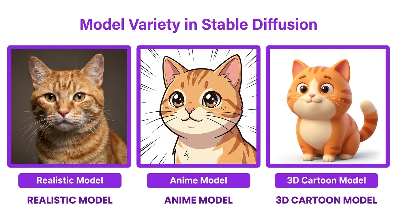 Stable Diffusion model comparison grid showing realistic anime and 3D checkpoints