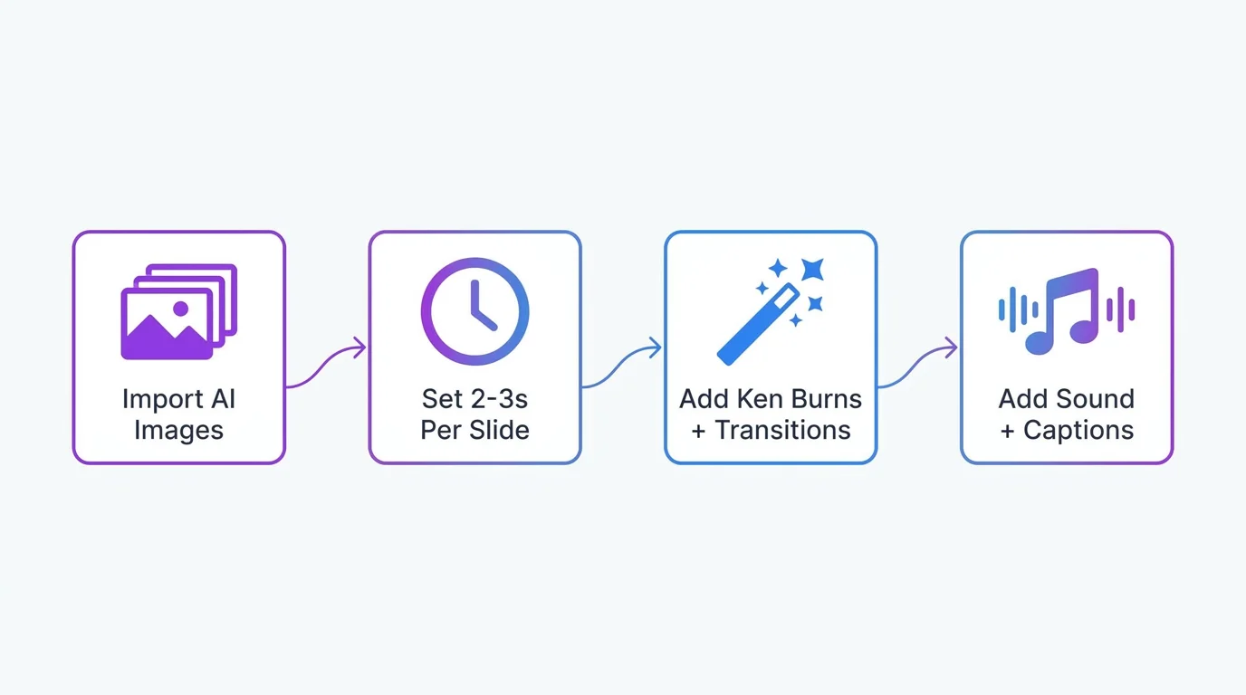 CapCut workflow diagram for turning AI images into video stories