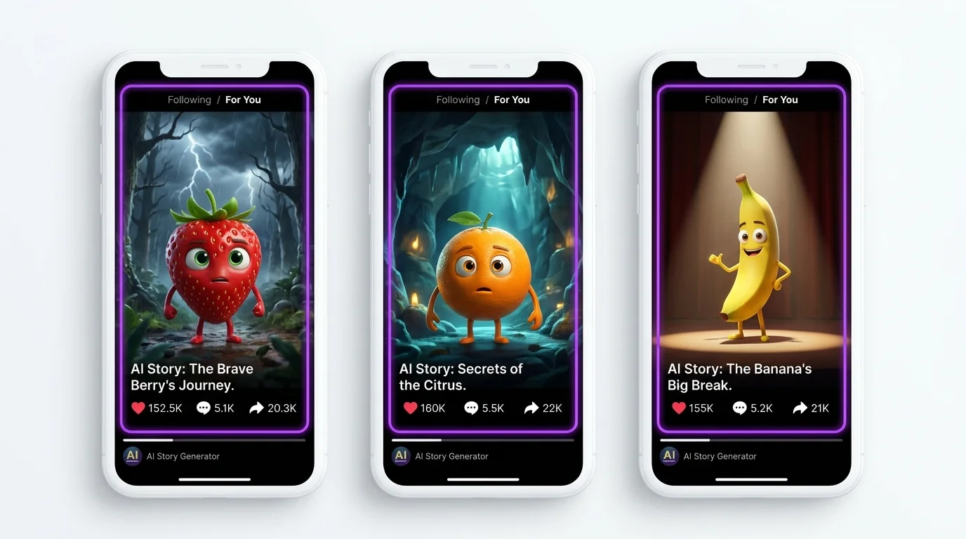 Screenshots of viral AI stories on TikTok with view counts