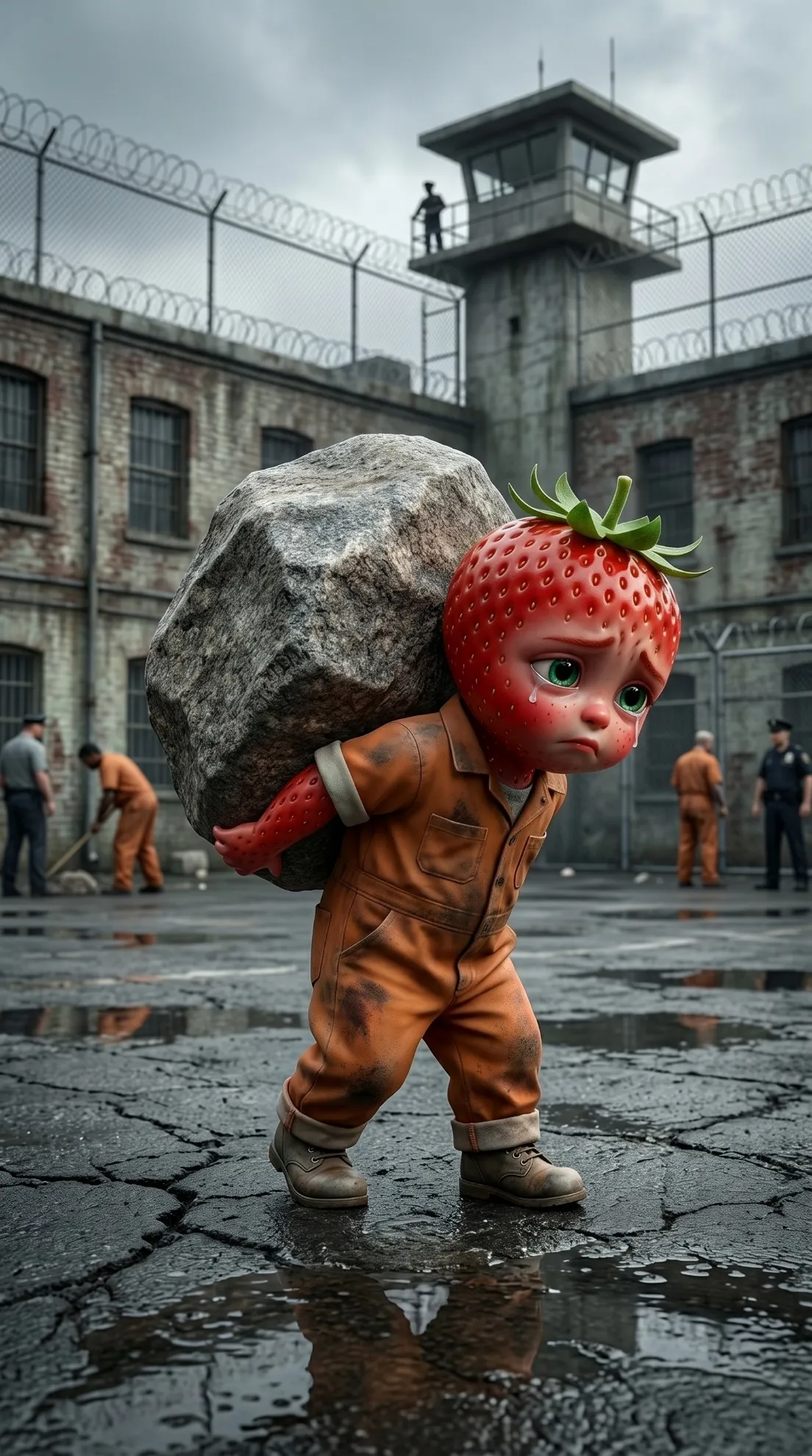 Pushed Overboard AI story Baby Strawberry hard labor prison boulder 3D Pixar style